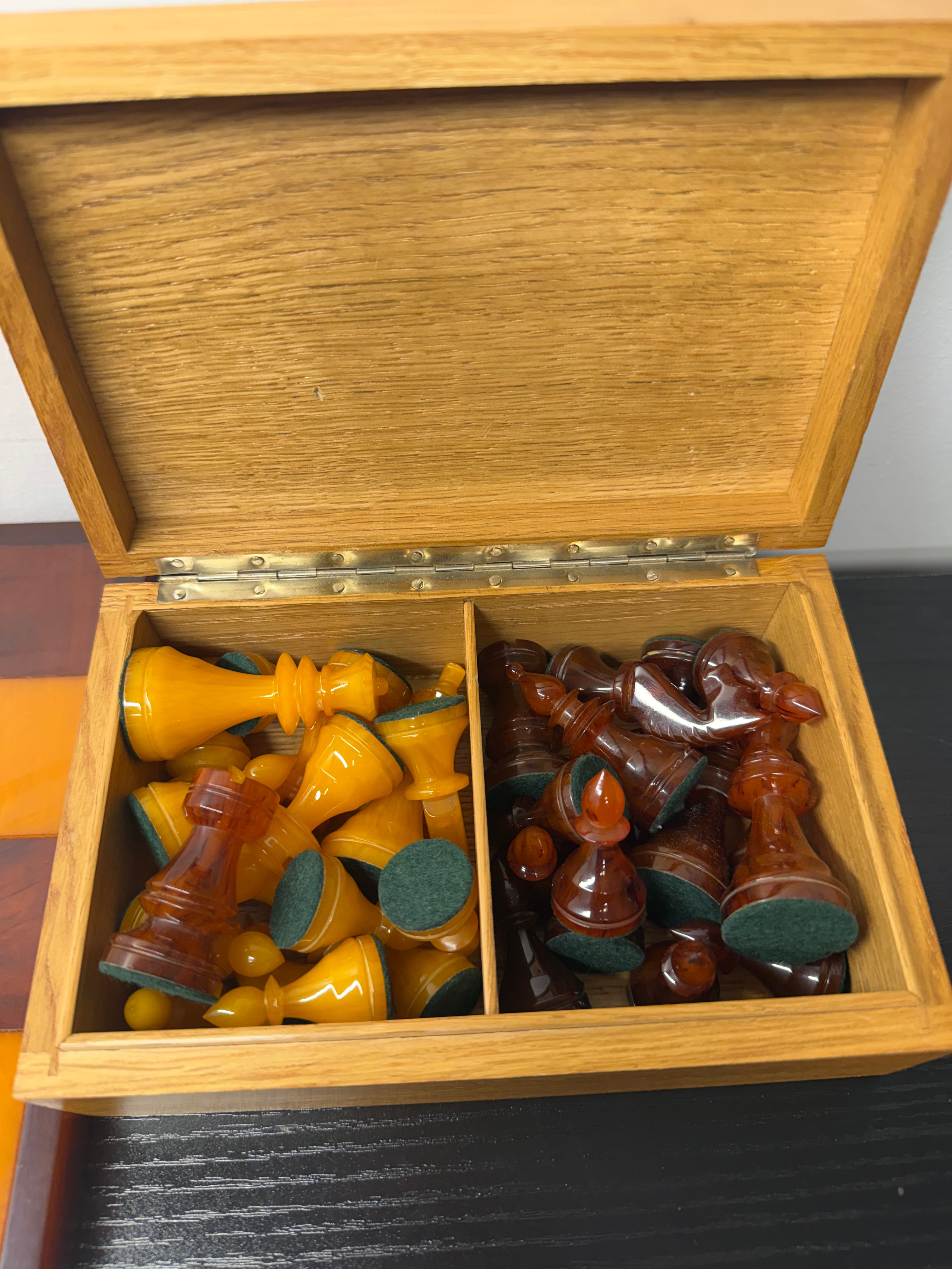 Vintage Catalin Chess Set With Catalin & Wood Board