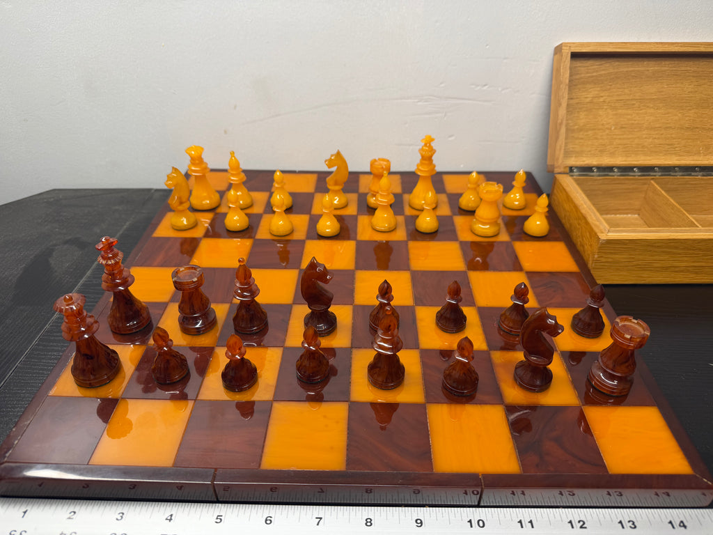 Vintage Catalin Chess Set With Catalin & Wood Board