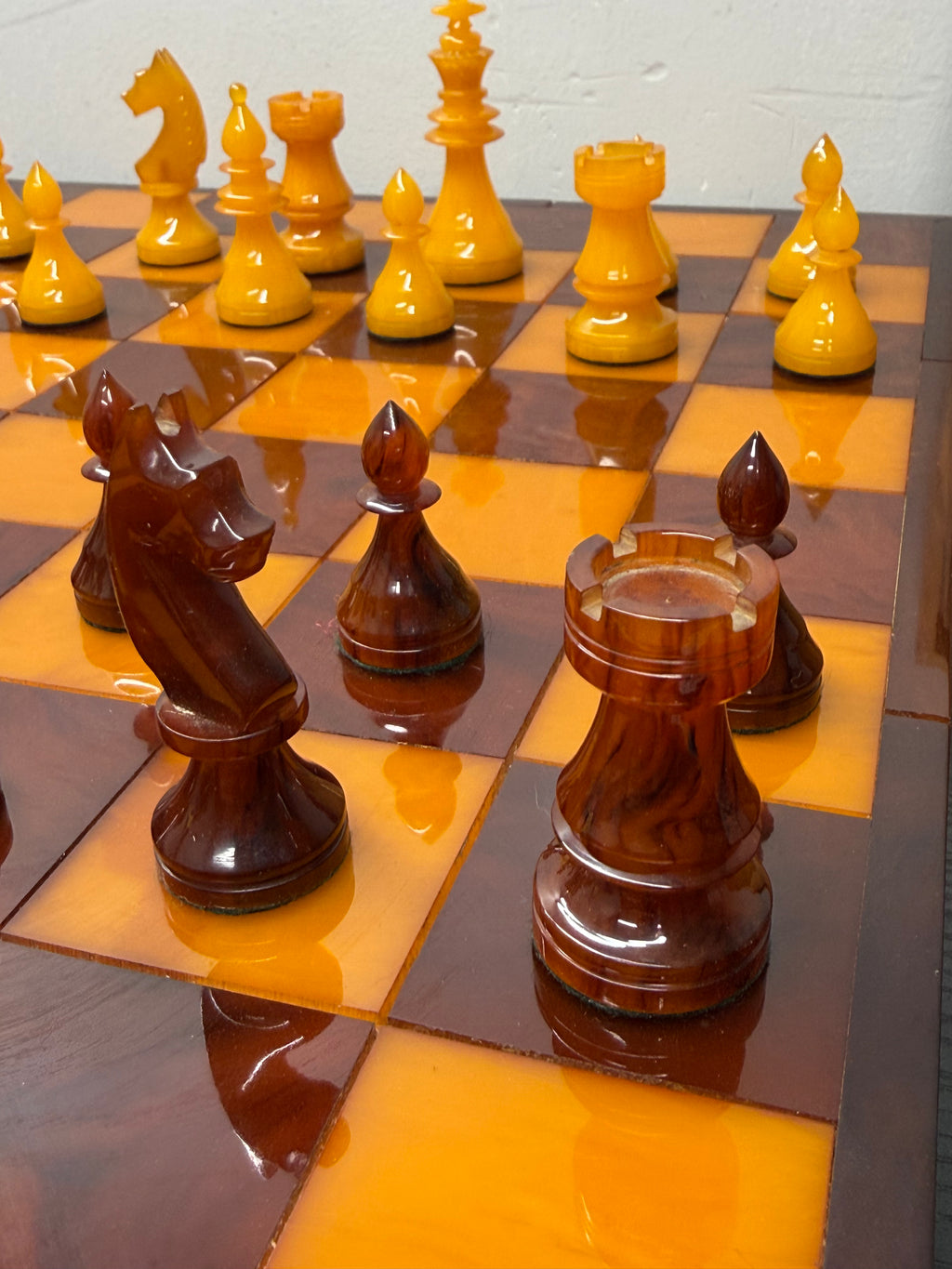 Vintage Catalin Chess Set With Catalin & Wood Board